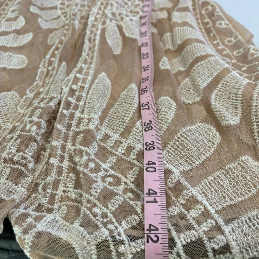 Beige Sheer Lace Duster With Intricate Embroidery Open Front Kimono Style Cover - Picture 4 of 7